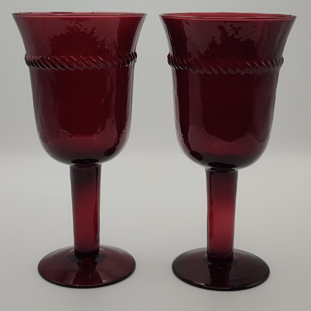 Pier 1 - Set Of 2 Red Handcrafted Mouth Blown Wine Goblets/Chalice New In Box